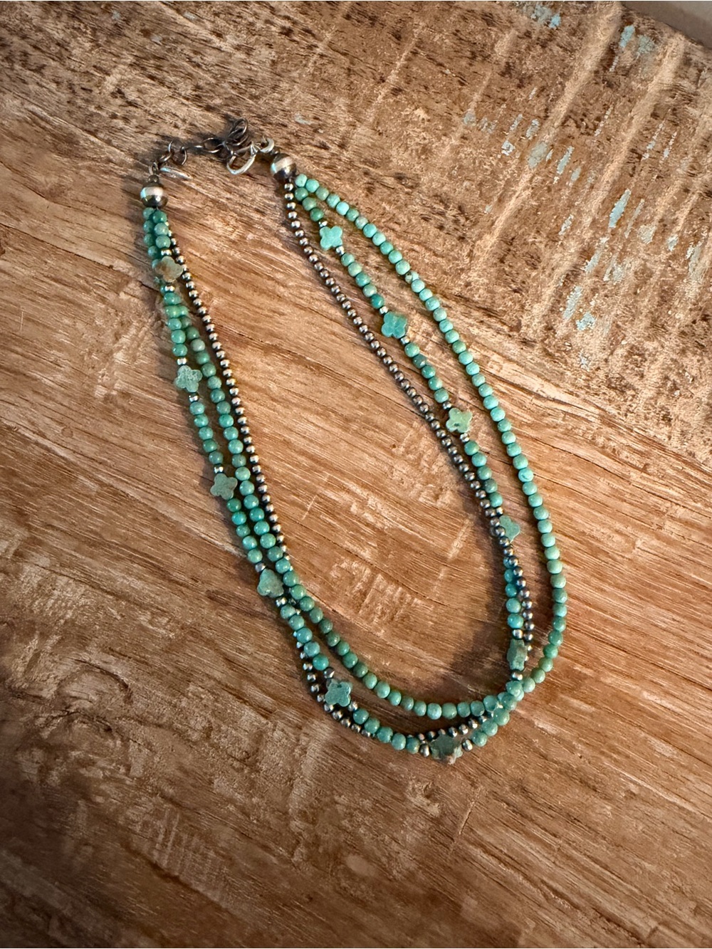Multi-Strand Turquoise and Sterling Silver Bead Necklace 16”